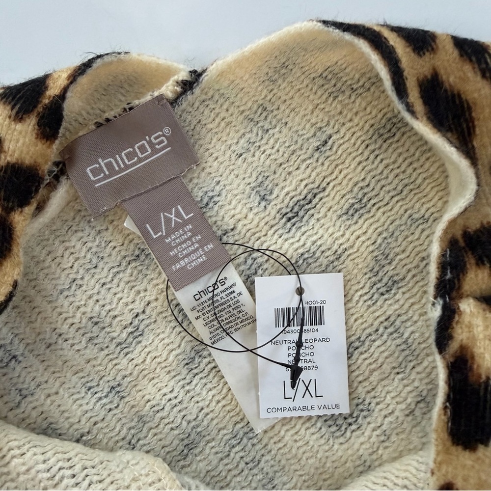 Chicos Poncho Sweater Leopard Animal Fringe New Brown Tan Womens One Size - Picture 6 of 9